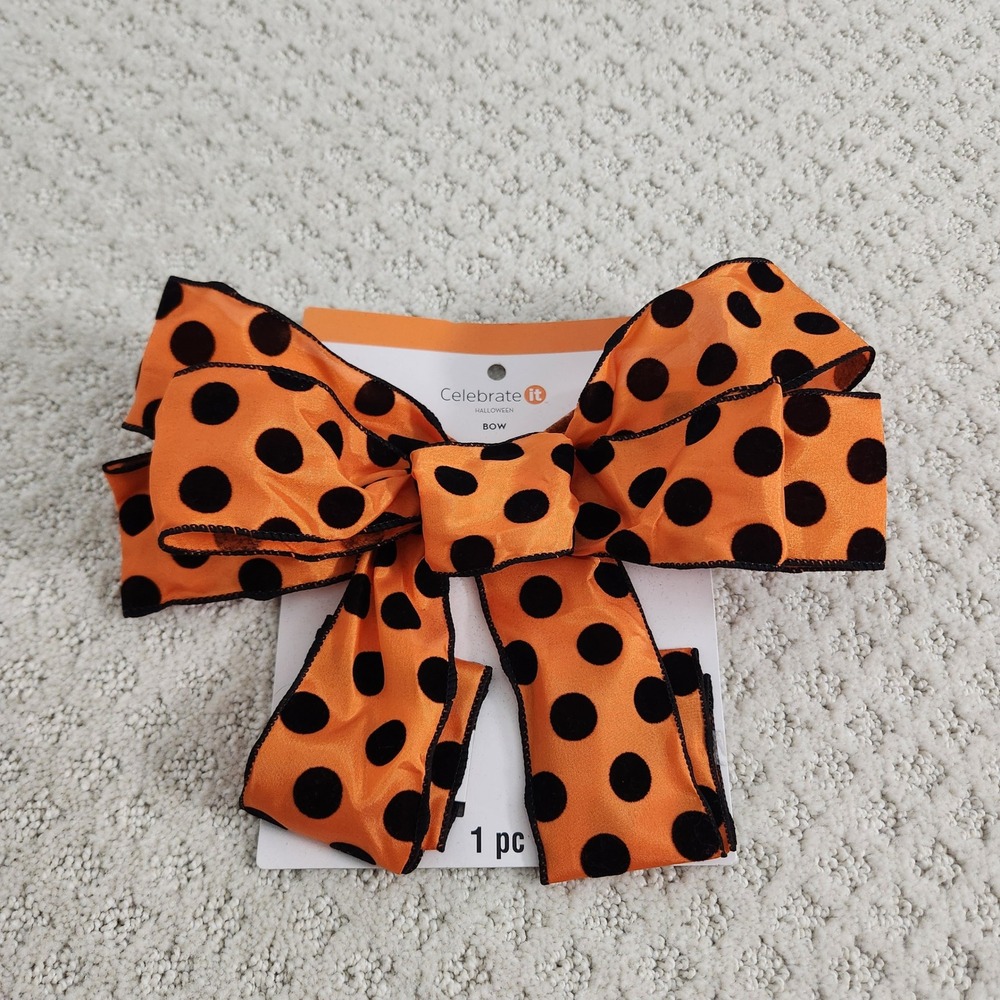 Celebrate It Halloween Orange Black Polka Dot Oversized Wired Hair Bow NEW
